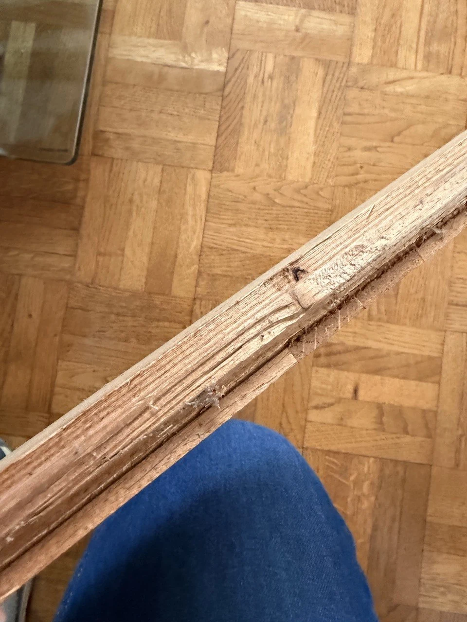 Pièce de bois présentant des éclats et une perte de matière, photographiée à Turckheim.