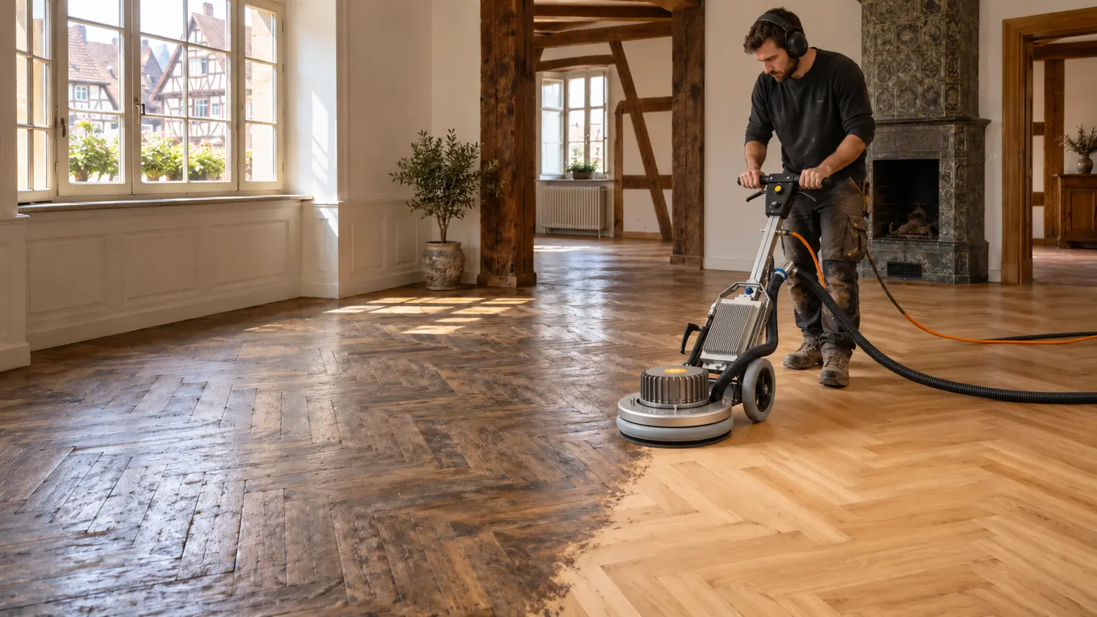 Ponçage mécanique d’un parquet en bois avec une machine professionnelle