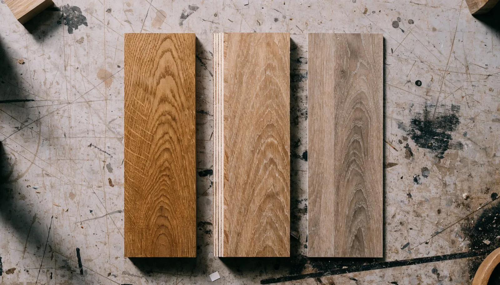 Échantillons de parquet massif, contrecollé et stratifié posés côte à côte
