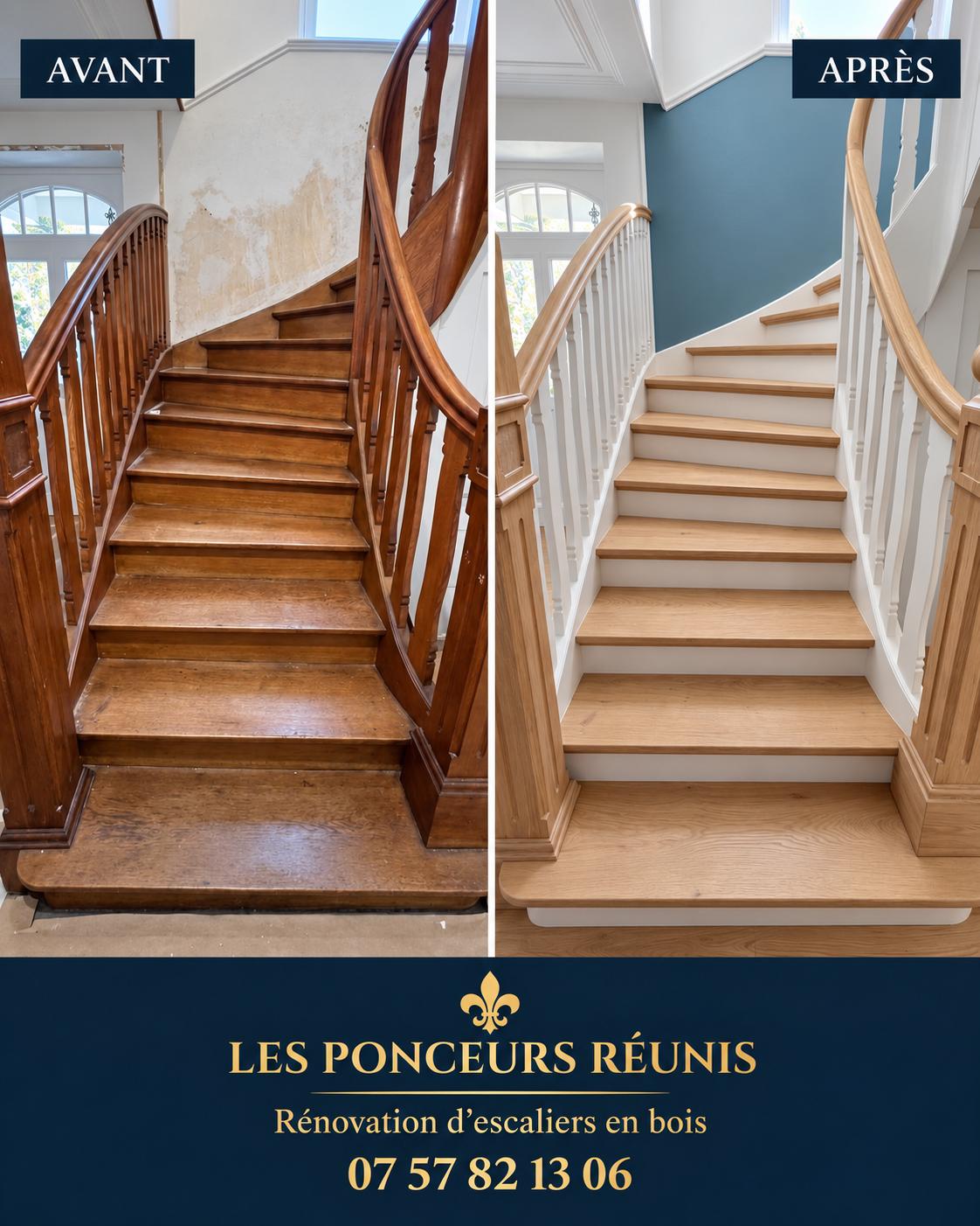 Avant et après rénovation d’un escalier à Colmar : marches et main courante éclaircies, parties peintes en blanc par le peintre partenaire