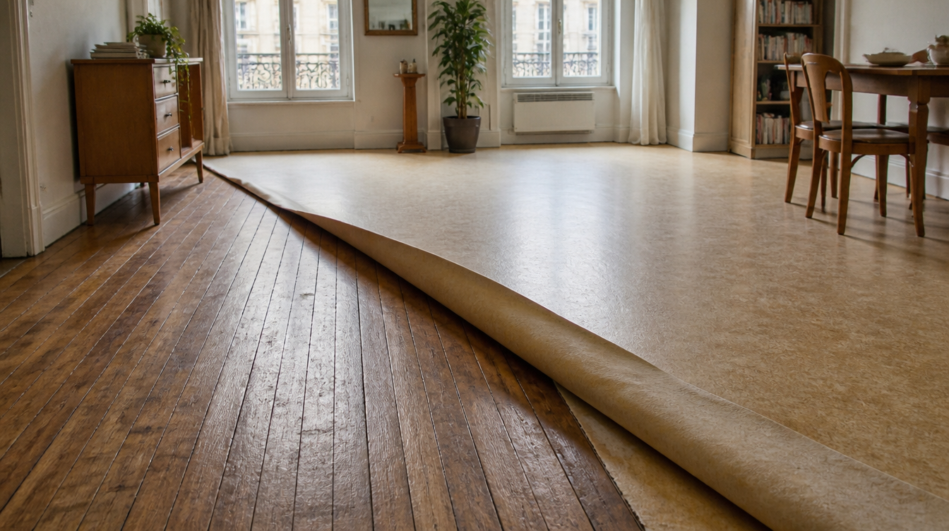Illustration d’un parquet ancien apparaissant sous un revêtement souple relevé