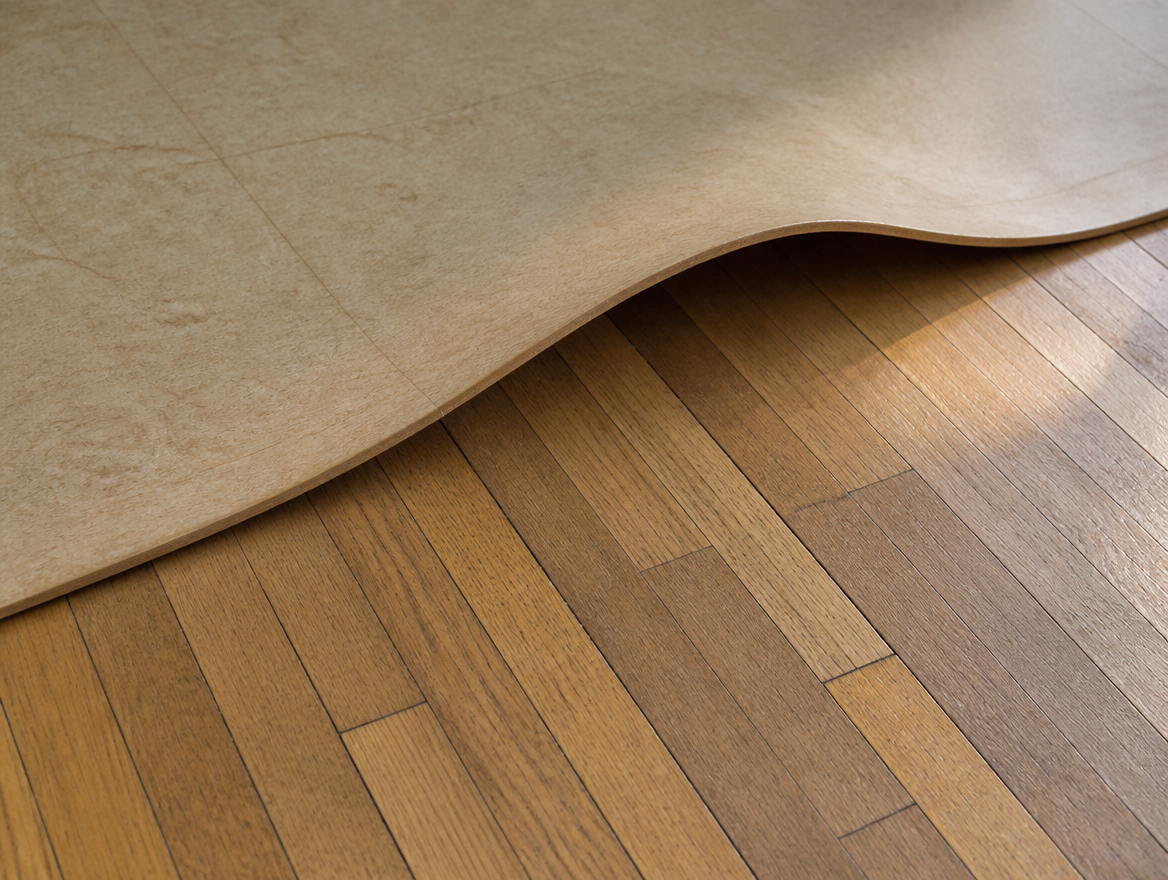 Détail illustratif de lames de parquet sous un sol souple