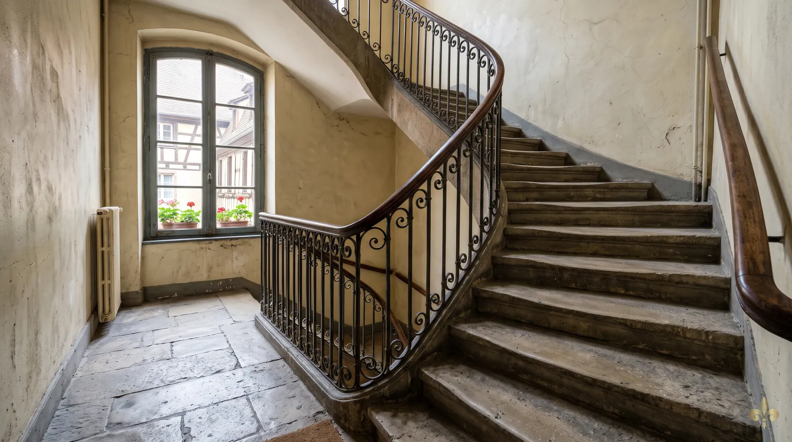 Illustration : marches en pierre usées au centre dans la cage d'escalier d'un immeuble ancien