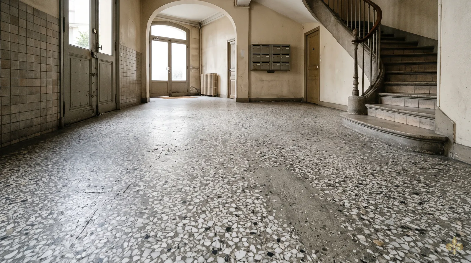 Illustration : sol en terrazzo terne et marqué par le passage dans une entrée d'immeuble