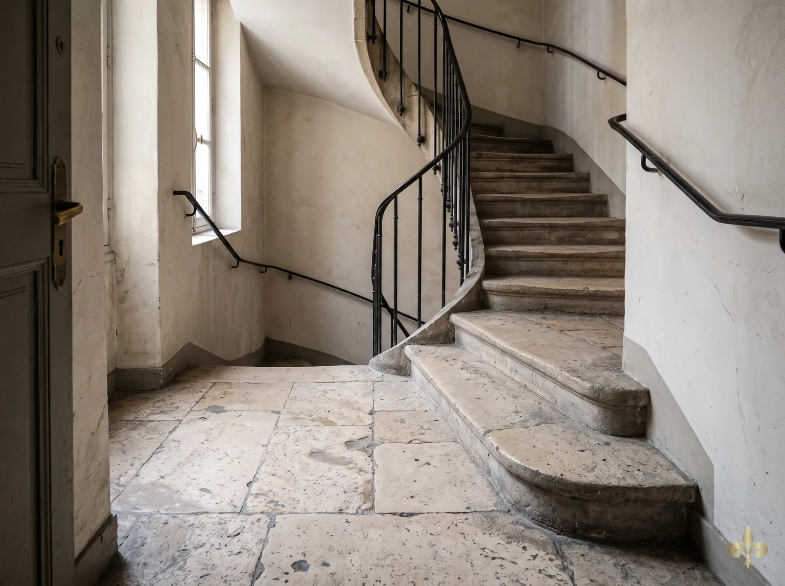 Illustration : palier d'immeuble en pierre à la teinte irrégulière, au départ d'un escalier en pierre