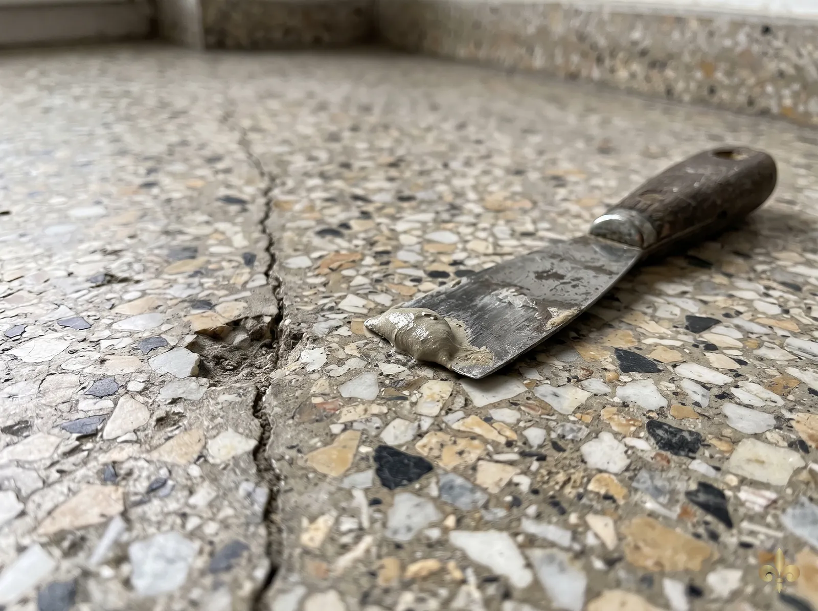 Illustration : fissure et éclat dans un terrazzo, à côté d'une spatule de rebouchage
