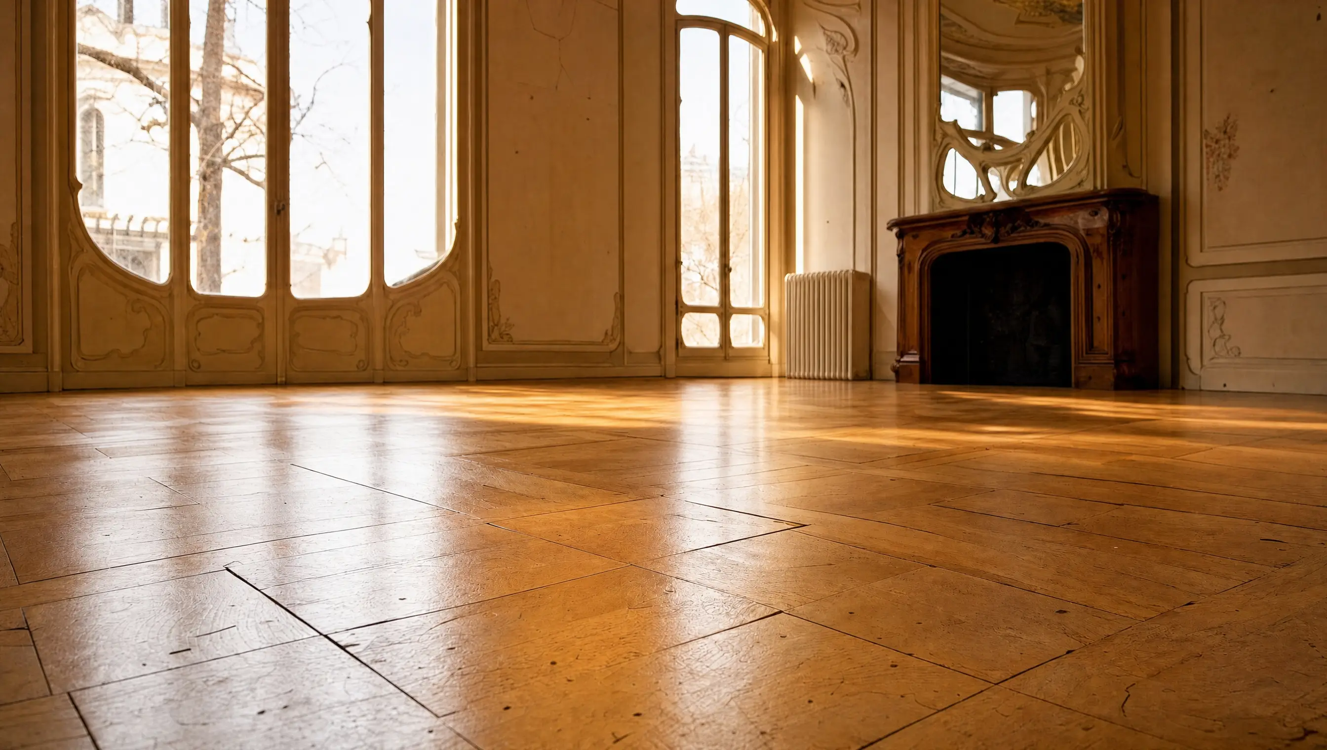 Parquet ancien restauré et protégé dans un intérieur ancien — Les Ponceurs Réunis