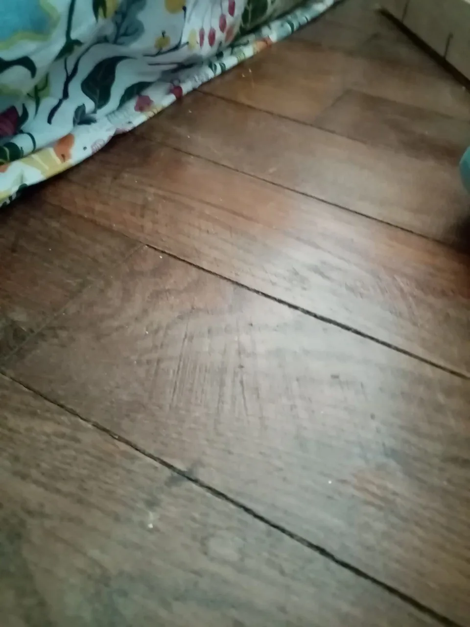 Traces et éraflures sur un parquet sombre près d'un seuil, tissu coloré au bord du cadre