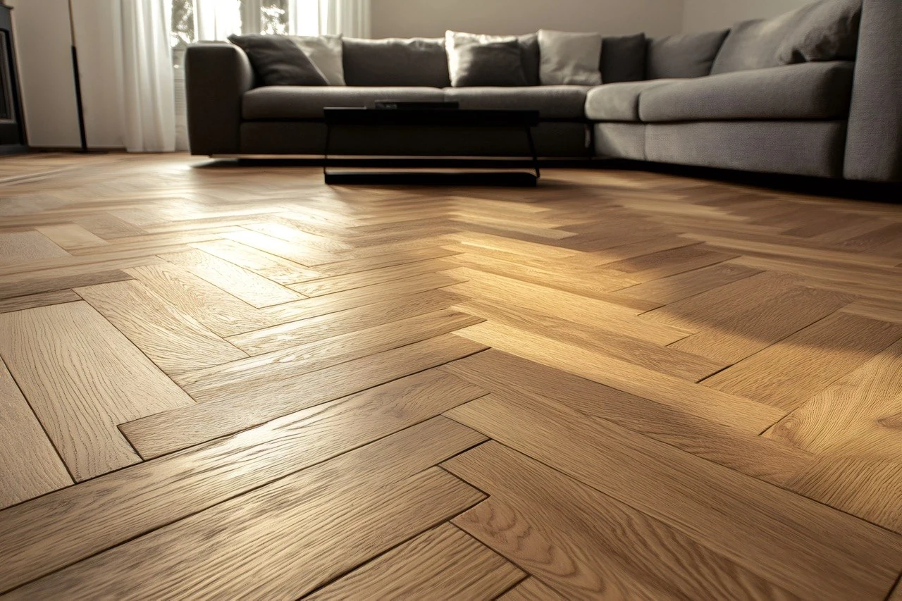 Parquet chêne clair en point de Hongrie, fraîchement posé dans un séjour lumineux